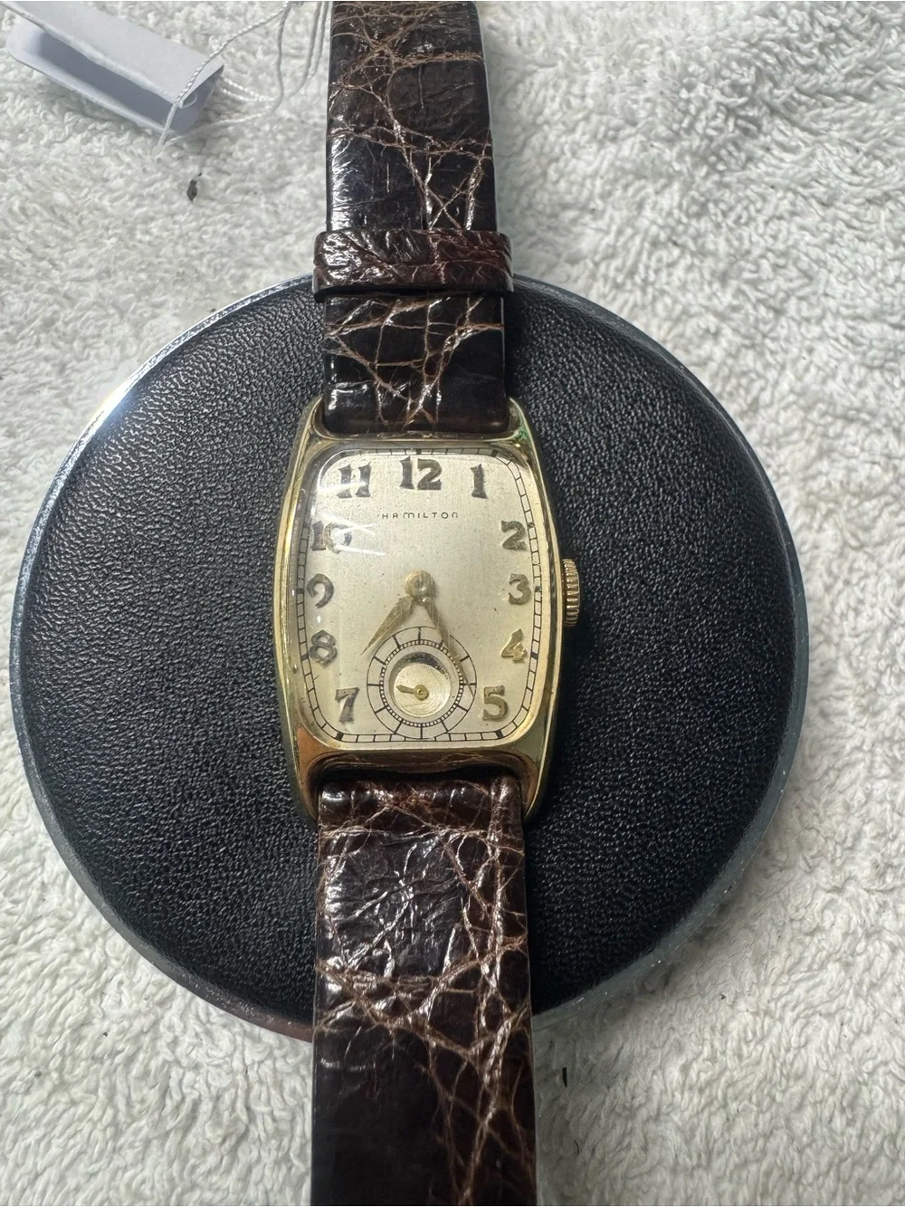 Hamilton Gold-Tone Tonneau Watch with Cream Dial and Brown Strap